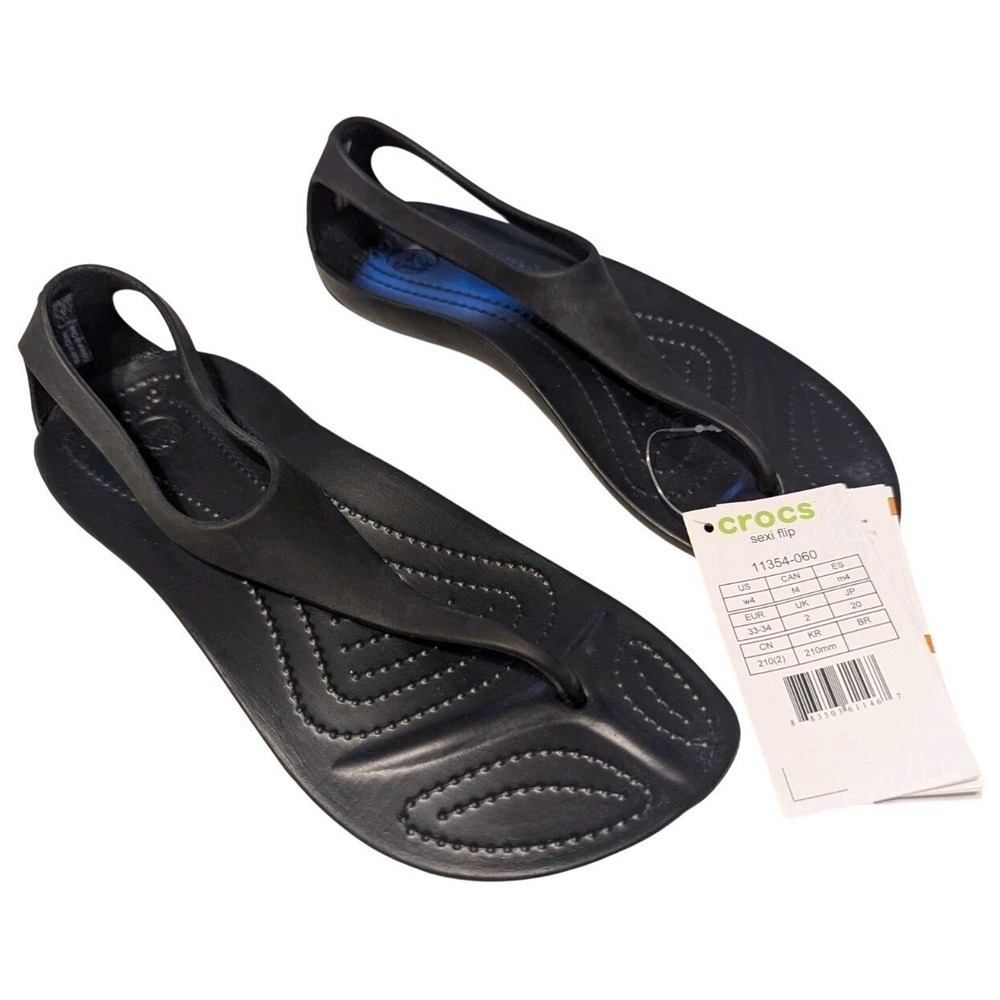 NWT Crocs‎ Sexi Flip Flop Womens 4 Black T-Strap Sandals Ankle Strap Thong Flat